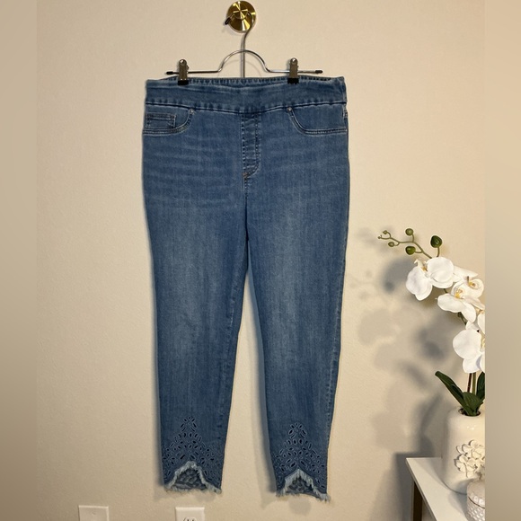 Blue Women's Jeans with Lace Hem - Picture 2 of 8